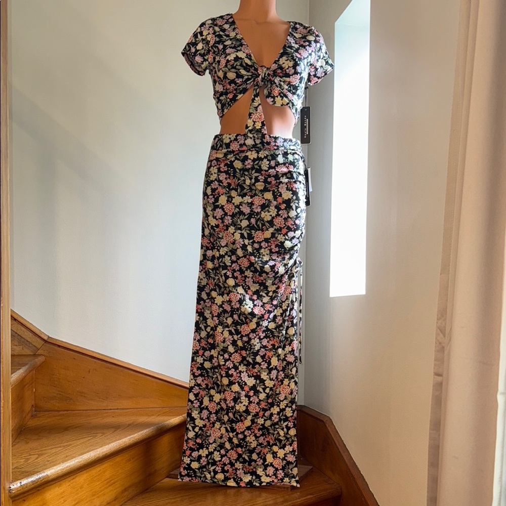 Haute Monde Black and Pink Maxi Skirt Set Tie Front
